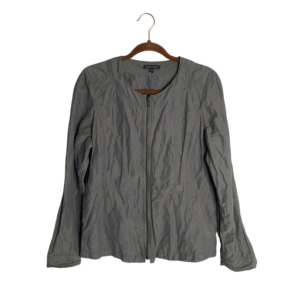 Eileen Fisher Gray Zip Front Jacket Coat Cotton Blend Size M Quiet Luxury Travel